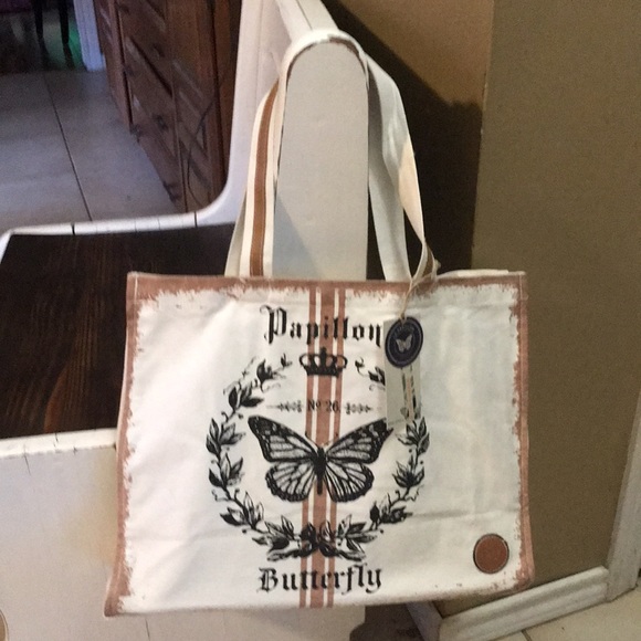 Le Papillon-Butterfly-white/beige pink striped canvas/leather tote NWT LAST1!!! - Picture 2 of 10